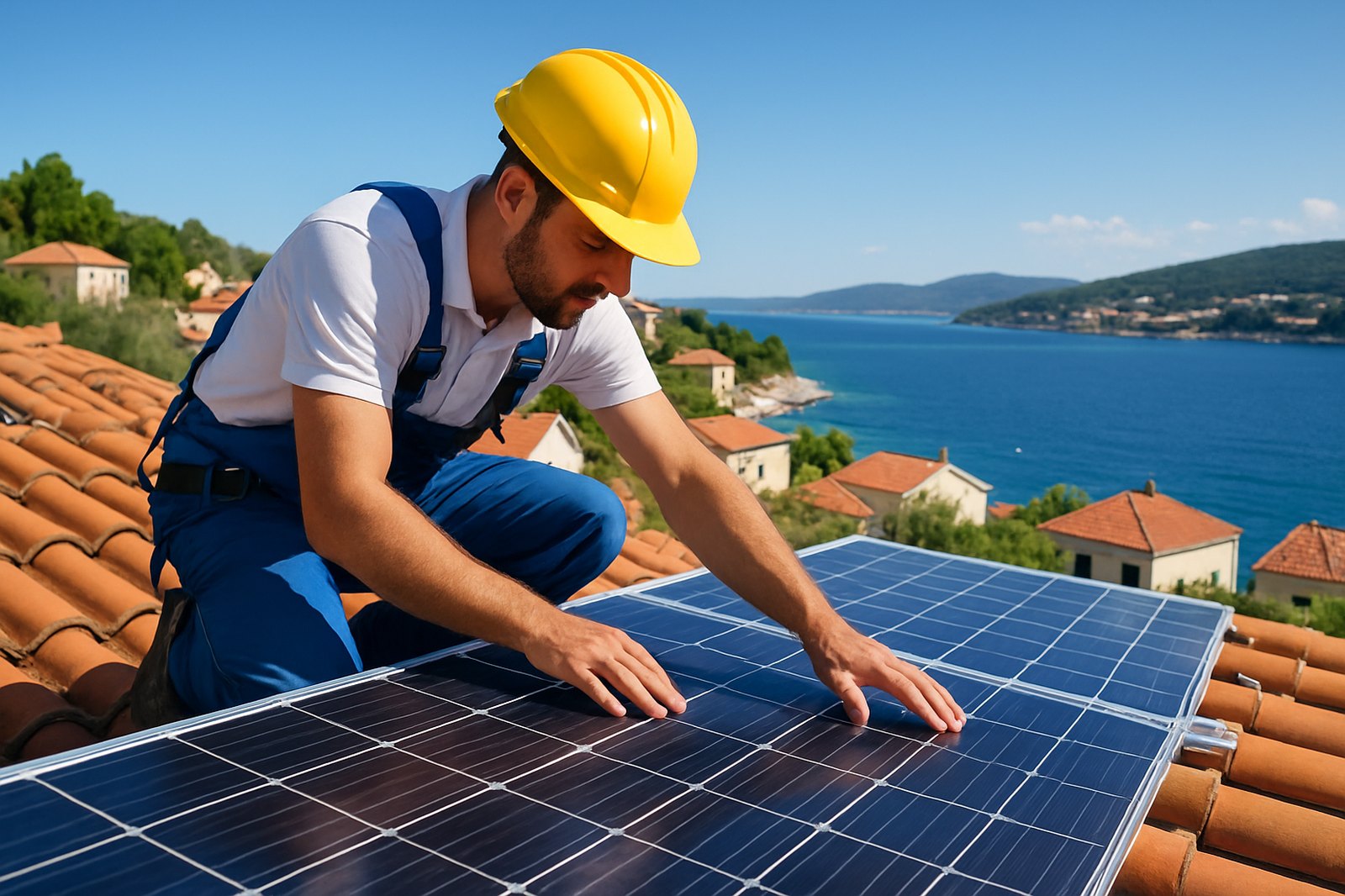 Monter SolarProjekta postavlja fotonaponske panele na krov u dalmatinskom priobalju